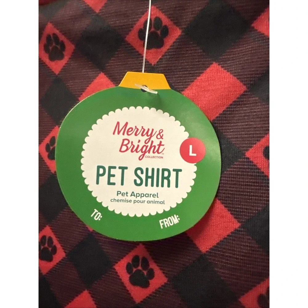 Merry & Bright Dog Holiday Pajamas Shirt Red & Black Paw Print‎ Buffalo Check L